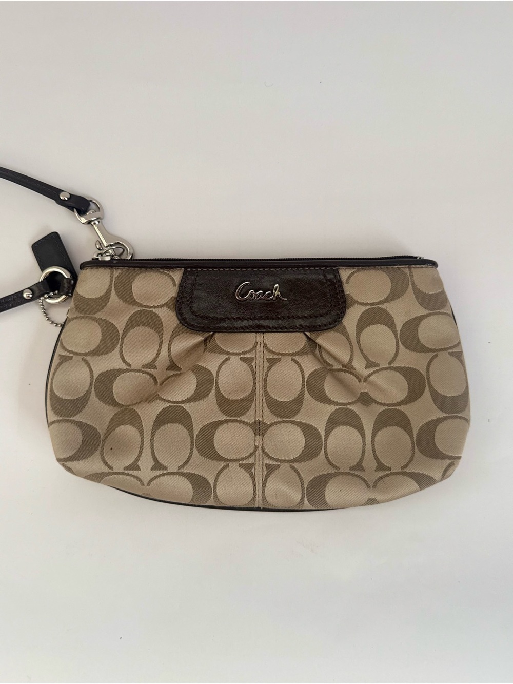 Coach Beige & Brown Signature Satin Wristlet